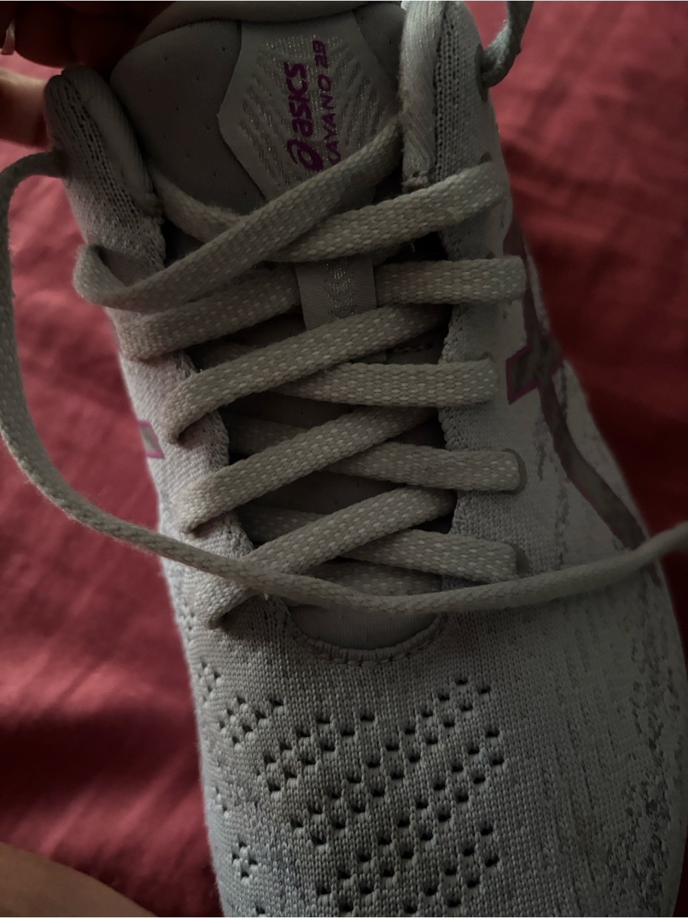 Asics Women's Light Gray Knit Running Shoes with Purple Logo Accents